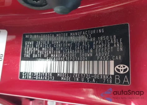 2014 Toyota Corolla Le из США, поврежденный, VIN 5YFBURHE1EP014004